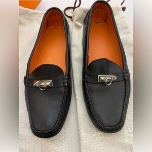HERMES IRVING LOAFERS, BLACK W/ SILVER HARDWARE 38 very gently worn